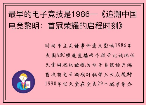 最早的电子竞技是1986—《追溯中国电竞黎明：首冠荣耀的启程时刻》